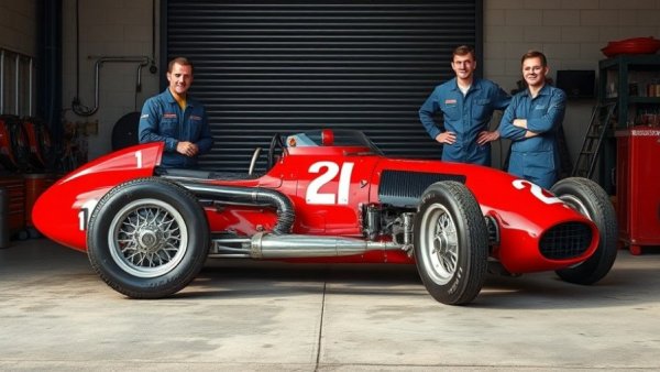 Skyline Silhouette Racer with team of smiling mechanics.