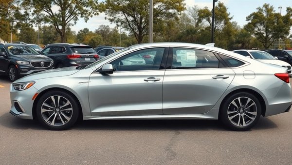 Sleek silver sedan in car lot for 'buy used cars'.