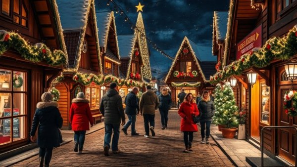 Christmas village with lights and people at dusk, most complained-about Christmas attractions.