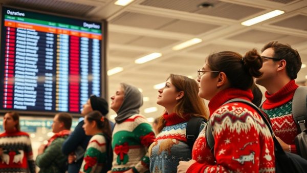 Travelers in festive sweaters at airport during holiday travel delays.