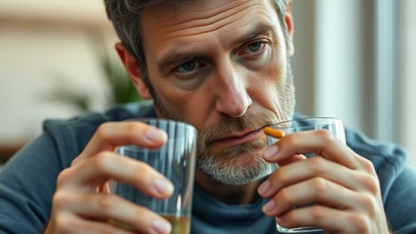 Adult man taking pill, contemplating risks of Tramadol pain relief.