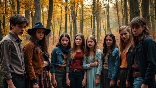 Teenagers forming a pact in autumn forest, Stranger Things finale release date context.