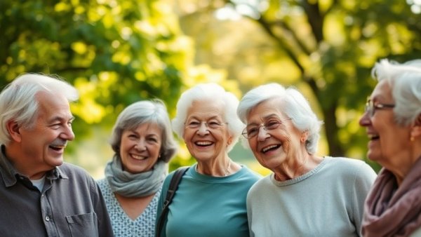 Group of older adults smiling together outdoors, showcasing anti-aging approaches.