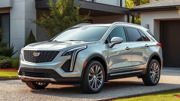 Silver Cadillac XT6 SUV in a modern driveway, highlighting its sleek design.