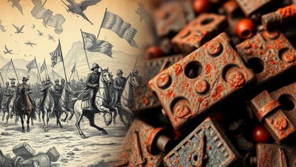 Historical battle illustration and centuries-old rusted artifacts.