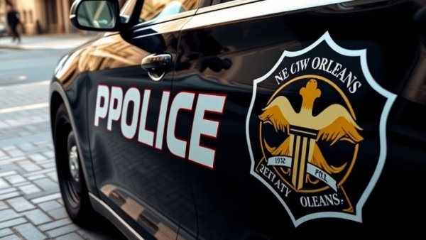 New Orleans police car close-up related to youth violence Louisiana.