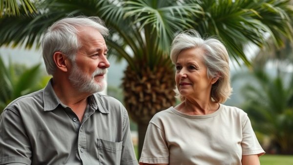 Middle-aged couple discussing in a garden setting, connection after 60.