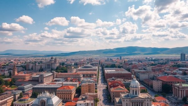 Aerial view of Tirana cityscape with mountains, showcasing landmarks.