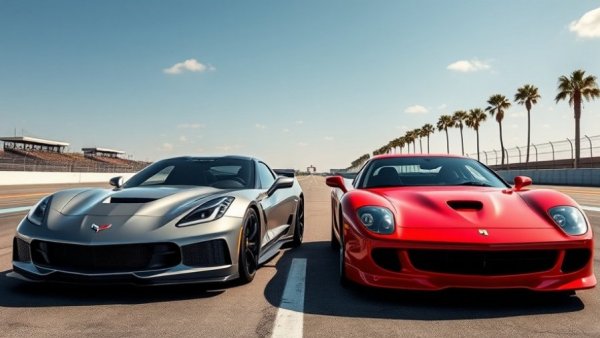 Corvette ZR1 vs Ferrari 296 GTB on a race track with clear sky.