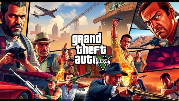 Grand Theft Auto V vibrant character collage, dynamic scenes.