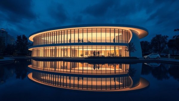 McLaren headquarters by night, reflecting in pond, modern architecture.