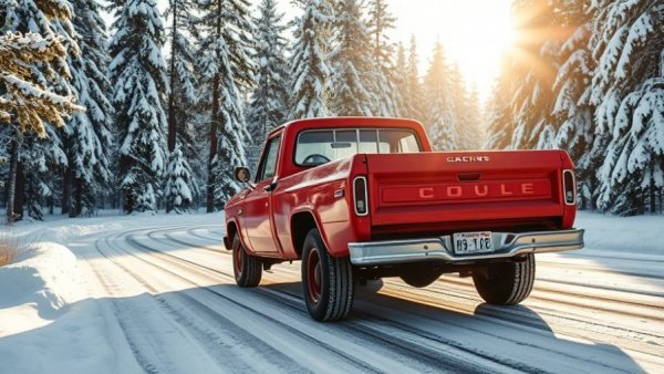 Old red pickup driving on snowy road with thumbs-up gesture.