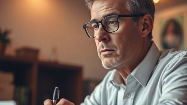 Focused man with pen, considering retirement planning numbers.