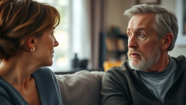 Middle-aged couple discusses retirement advice, relationship challenges.
