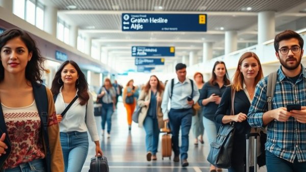 Travelers at airport amid measles outbreak, diverse group walking.