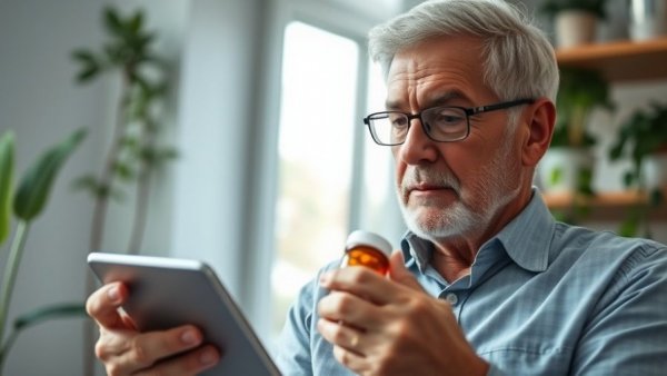 Elderly man examining medication, related to statins for diabetes patients.