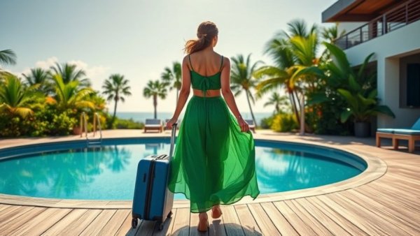 Traveler with suitcase in tropical setting, highlighting budget travel.