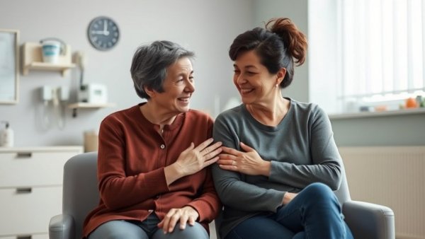 Supportive interaction in clinical setting reflecting AML treatment context.