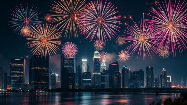 Vibrant New Year's Eve fireworks over city skyline.