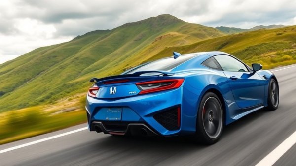 Blue Honda sports car with dynamic rear view driving on mountain road.