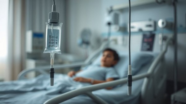 Hospital room with IV drip; child in bed, somber atmosphere.