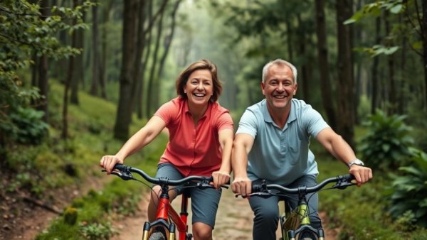 Middle-aged couple embracing an age-defying lifestyle 2026, cycling joyfully in nature.