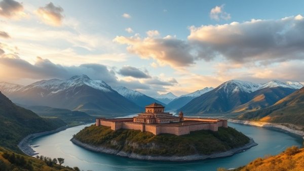 Breathtaking view of Tajikistan's fortress and mountains during sunset.
