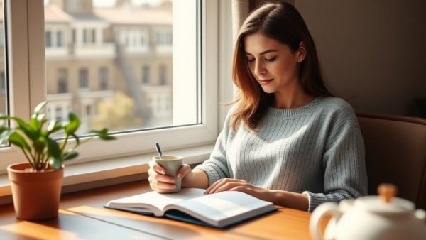 Woman embracing analog habits, writing while sipping coffee by window.