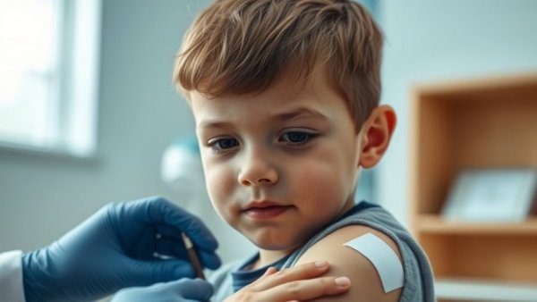Young boy post-vaccination in clinic, focus on CDC childhood vaccine schedule changes.
