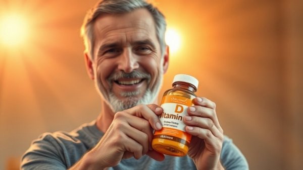 Vitamin D misinformation concept with man holding supplement bottle in glowing backdrop.