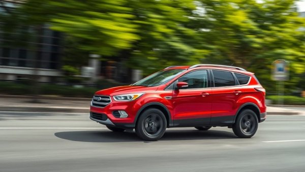 Vibrant red Ford Escape driving on city street with motion blur, Ford Escape discontinuation impact.