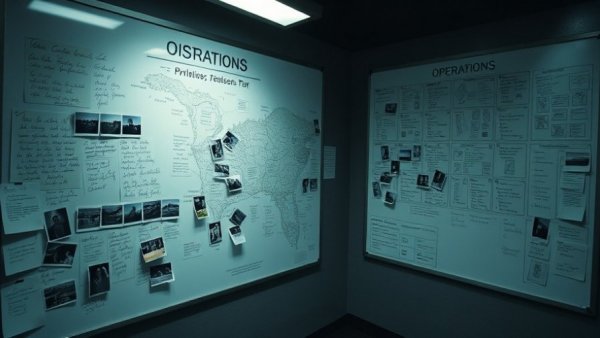 Investigation room focused on Tren de Aragua gang impact, detailed boards and map.