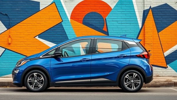 2027 Chevrolet Bolt parked in front of a colorful mural.