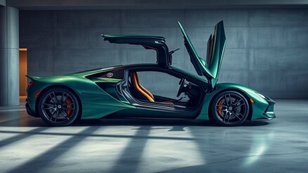 Spyker C8 Aileron LM85 with open doors in concrete garage.