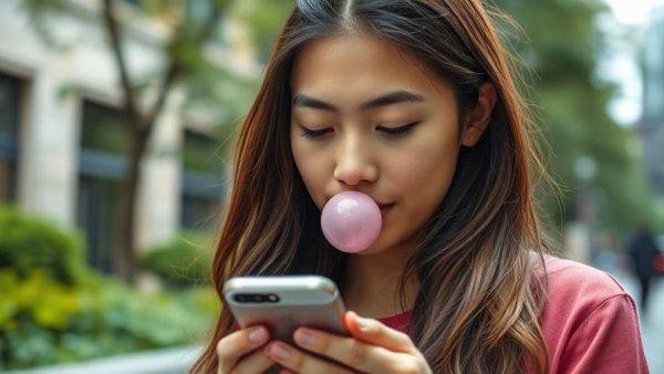 Young woman chewing gum for stress relief while focused on her smartphone.