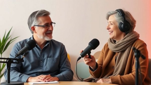 Couple discussing life-changing purchases for retirees on a podcast.