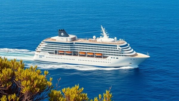 Majestic cruise ship sailing in bright sunlight with oceanic backdrop.