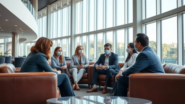 Professionals wearing masks discussing flu transmission prevention in a modern lounge.