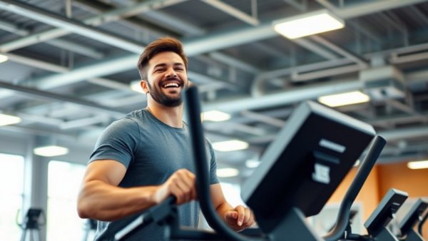 Smiling man exercising on elliptical in modern gym, exercise and depression