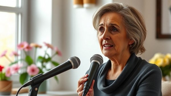 Mature woman speaking about avoiding the waste of time after 55 indoors.