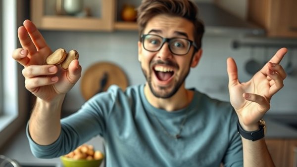 Excited person with Brazil nuts highlighting benefits of eating Brazil nuts daily.