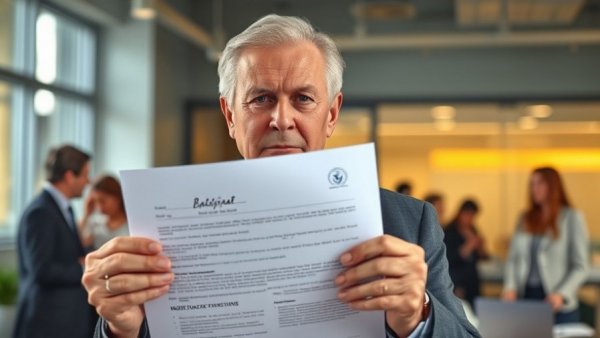 Older man holding signed document in office setting.