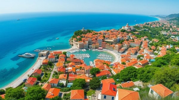 Aerial view of Hvar, Croatia with vibrant rooftops and clear sea.