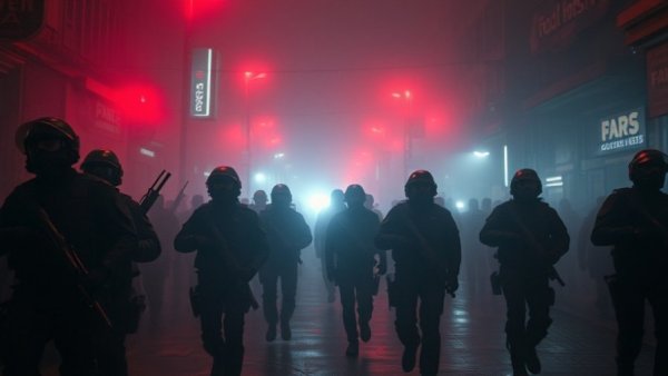 Federal officers in foggy red light on Minneapolis street.