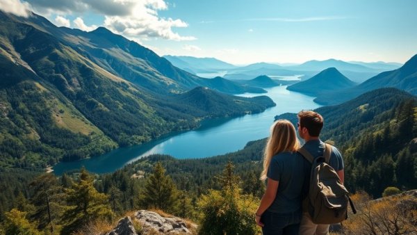 Adventurous couple explores breathtaking Guatemala landscape with volcanoes.