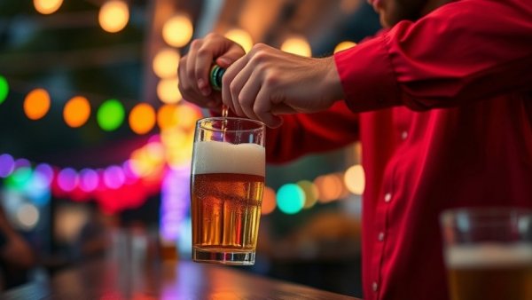Pouring beer in a lively outdoor setting with festive lights.