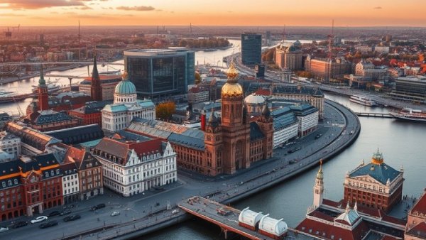 Aerial view of Hamburg with iconic landmarks and sunset over the river.
