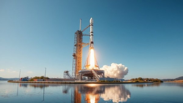 NASA Artemis II mission rocket on launch pad beside tranquil water.