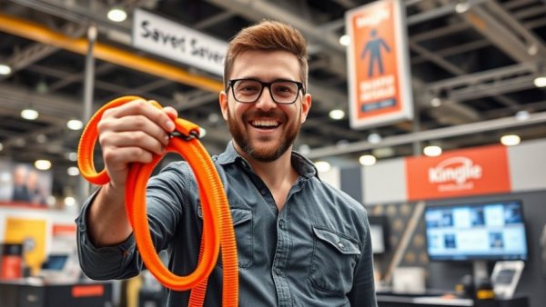Enthusiastic man with world's largest zip tie at trade show.