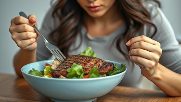 Woman eating salad with steak, reflecting on diet mistakes.